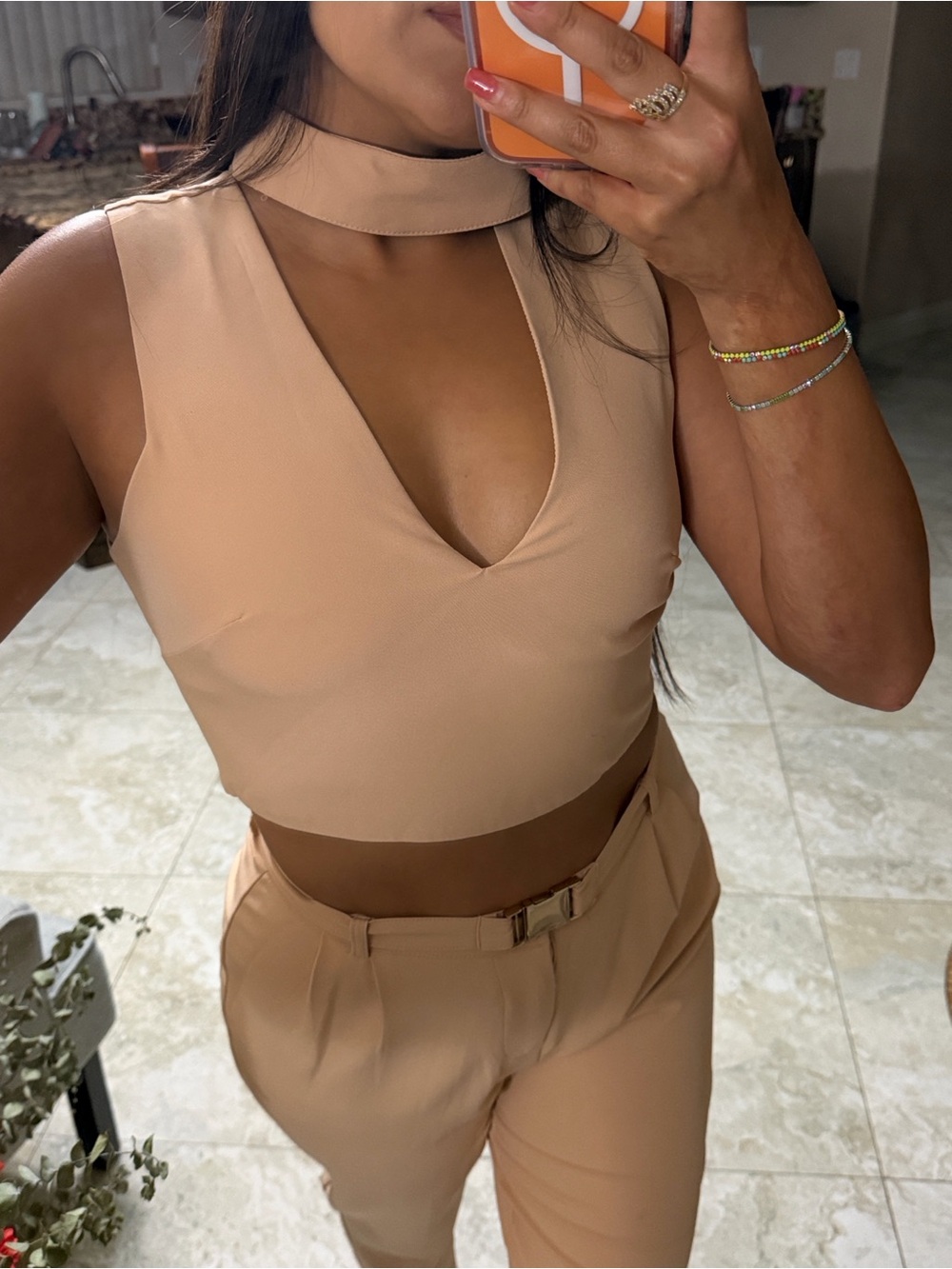 Women’s High-Waist Pleated Trousers Set in Beige